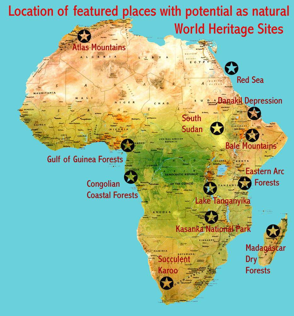 Map of Africa showing the locations of potential natural world heritage sites 