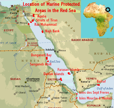 Map showing the location of selected Red Sea protected areas (in Egypt, Sudan, Eritrea, Djibouti and Arab States) with World Heritage Site potential