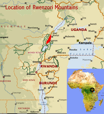 Map showing the location of the Rwenzori Mountains National Park world heritage site in Uganda