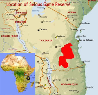 Map showing the location of Selous Game Reserve world heritage site in Tanzania