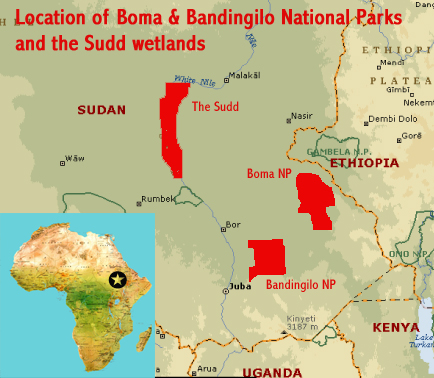 Map showing the location of the Boma and Bandingilo National Parks and the Sudd Wetlands (South Sudan) considered to have World Heritage Site potential