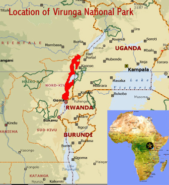 Map showing the location of Virunga National Park world heritage site in eastern Democratic Republic of Congo