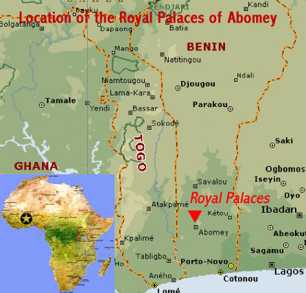 Map showing the location of the Royal Palaces of Abomey UNESCO world heritage site (Benin, West Africa)