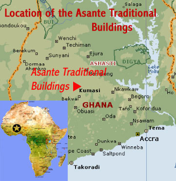 Map showing the location of the Asante Traditional Buildings UNESCO world heritage site around Kumasi, Ghana (West Africa)