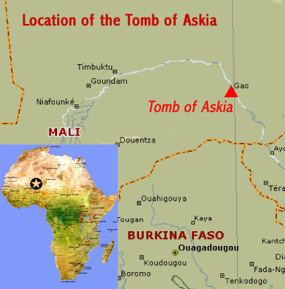 Map showing the location of the Tomb of Askia UNESCO world heritage site at Gao, Mali (West Africa)