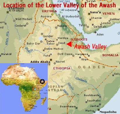 Map showing the location of the Lower Valley of Awash UNESCO world heritage site (Ethiopia)