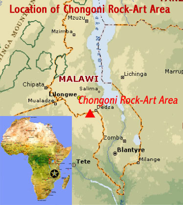 Map showing the location of the Chongoni Rock-Art Area UNESCO world heritage site (near Dedza, Malawi)