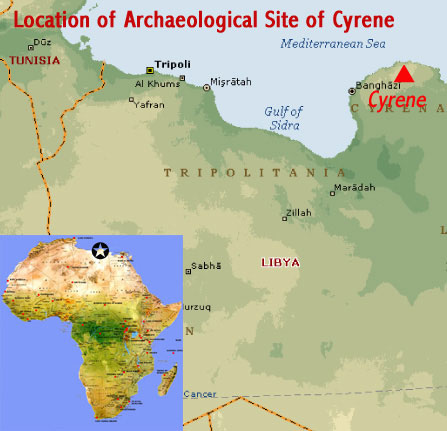 Map showing the location of the Archaeological Site of Cyrene UNESCO world heritage site, Libya