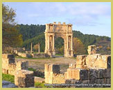 View across the Forum to the Arch of Caracalla in the Roman town of Djemila, a UNESCO world heritage site near Setif, Algeria