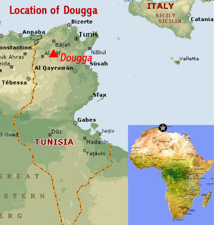 Map showing the location of Dougga/Thugga UNESCO world heritage site, Tunisia