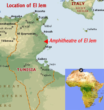 Map showing the location of the Amphitheatre of El Jem world heritage site, at the frontier of the Roman Empire in Tunisia (north Africa)