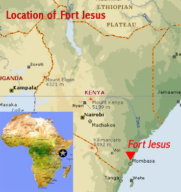 Map showing the location of Fort Jesus UNESCO world heritage site, Mombasa (Kenya)