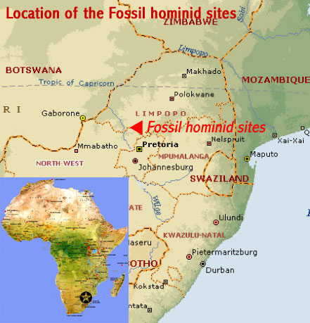 Map showing the location of the Fossil Hominid Sites of South Africa (a UNESCO world heritage site)