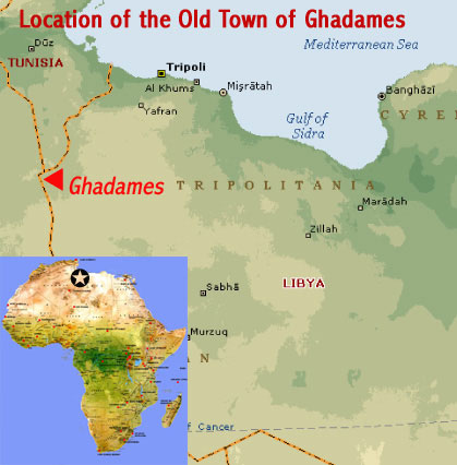 Map showing the location of the Old Town of Ghadames UNESCO world heritage site, Libya