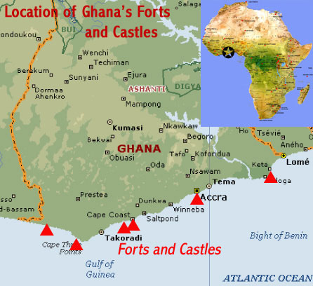 Map showing the location of the Forts and Castles included in the UNESCO world heritage site along the coast of Ghana (West Africa)