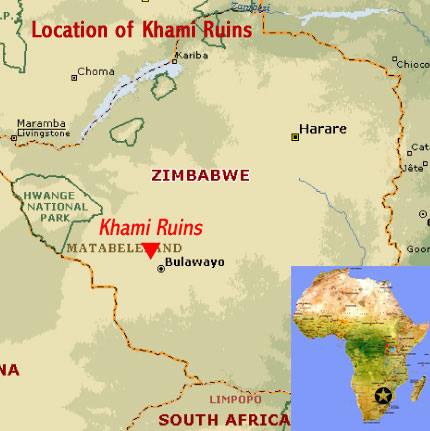 Map showing the location of Khami Ruins National Monument UNESCO world heritage site near Bulawayo in Matebeleland, Zimbabwe