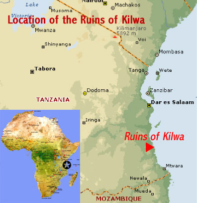 Map showing the location of the Ruins of Kilwa Kisiwani and Ruins of Songo Mnara UNESCO world heritage site on the Swahili coast of Tanzania (East Africa)