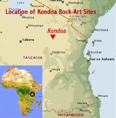 Map showing the location of the Kondoa Rock-Art world heritage site in the Maasai Steppe of northern Tanzania