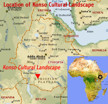 Map showing the location of Konso Cultural Landscape UNESCO world heritage site, Ethiopia