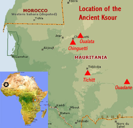 Map showing the location of the Ancient Ksour of Ouadane, Chinguetti, Tichitt and Oualata (UNESCO world heritage site on the edge of the Sahara Desert in Mauritania)