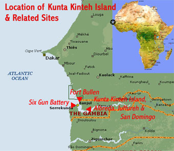 Map showing the location of Kunta Kinteh (James) Island and Related Sites (UNESCO world heritage site, Gambia)