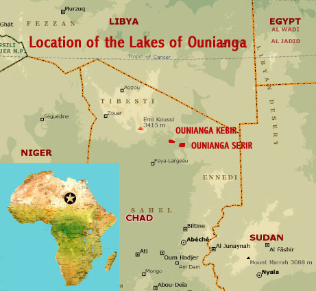 Map showing the location of the Lakes of Ounianga UNESCO world heritage site in the heart of the Sahara Desert in northern Chad