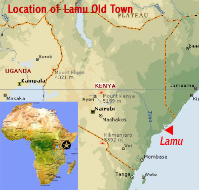 Map showing the location of Lamu Old Town UNESCO world heritage site (Lamu Island, Kenya)