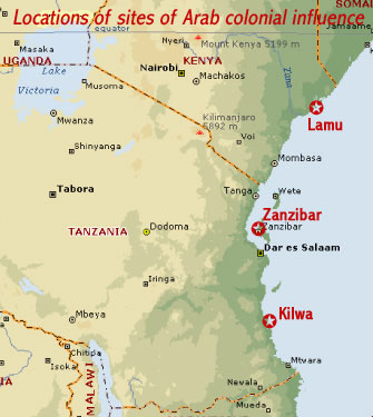 Map showing the locations of the three UNESCO world heritage sites along East Africa’s Swahili coast