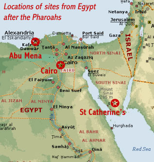 Map showing the locations of the three UNESCO cultural world heritage sites in Egypt that date from periods after the Pharaohs