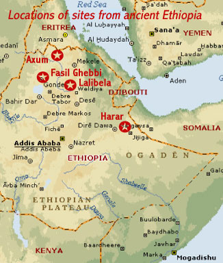 Map showing the locations of the four UNESCO cultural world heritage sites in ancient Ethiopia