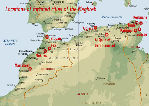 Map showing the locations of the ten Fortified Cities of the Maghreb (in the North African countries of Morocco, Algeria and Tunisia) designated as UNESCO world heritage sites