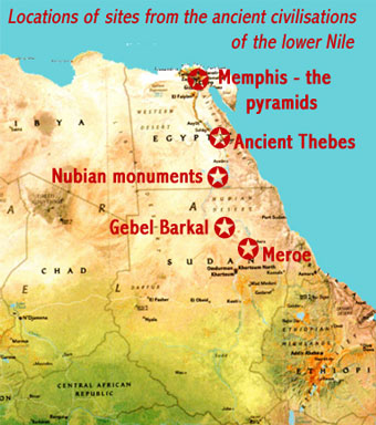 Map showing the locations of the five UNESCO world heritage sites featuring the ancient civilisations of the Nile