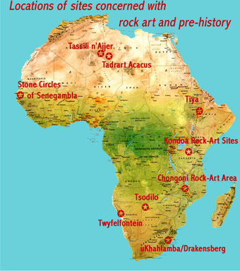 Map showing the locations of Africa’s nine UNESCO world heritage sites featuring rock-art and pre-historic stone stelae and circles