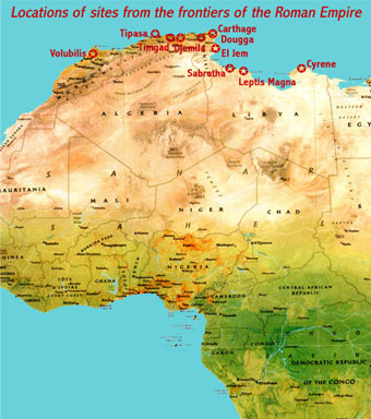 Map showing the locations of the ten UNESCO world heritage sites in North Africa at the Frontiers of the Roman Empire