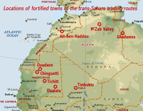 Map showing the locations of eight ancient towns of the trans-Sahara trading routes designated as UNESCO world heritage sites