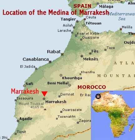 Map showing the location of the Medina of Marrakech UNESCO world heritage site, Morocco