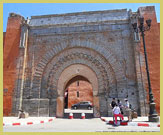 The magnificent blue granite gateway into the kasbah, Bab Agnaou at the Medina of Marrakech UNESCO world heritage site, Morocco