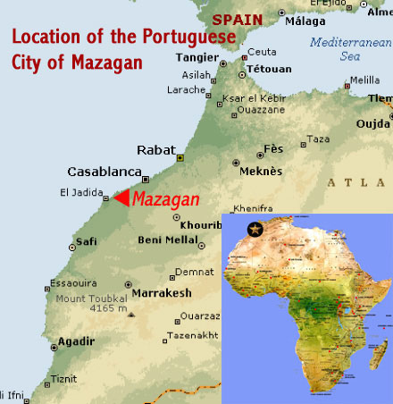 Map showing the location of the Portuguese City of Mazagan UNESCO world heritage site (El Jadida, Morocco)