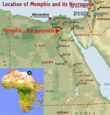 Map showing the location of Memphis and its necropolis, the pyramid fields from Giza to Dahsur UNESCO world heritage site, Cairo, Egypt