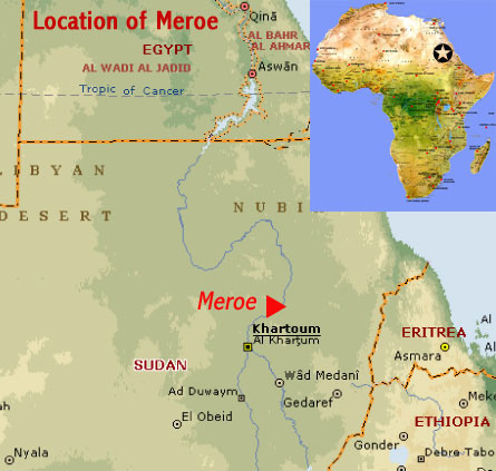 Map showing the location of the Archaeological Sites of the Island of Meroe UNESCO world heritage site, Sudan