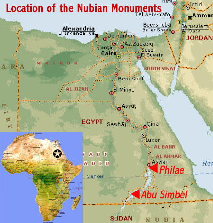 Map showing the location of Nubian Monuments from Abu Simbel to Philae UNESCO world heritage site, Egypt