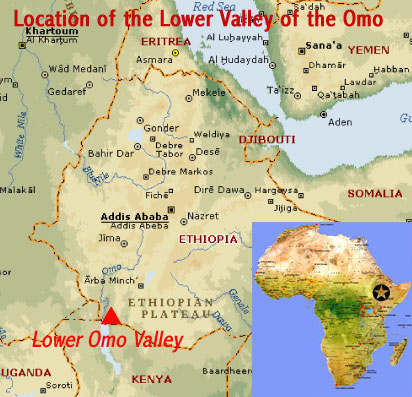 Map showing the location of fossil hominid sites in the Lower Valley of Omo UNESCO world heritage site (Ethiopia)