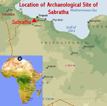 Map showing the location of the Archaeological Site of Sabratha UNESCO world heritage site, near Tripoli, Libya