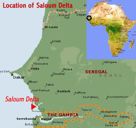 Map showing the location of the Saloum Delta Cultural Landscape UNESCO world heritage site (Senegal, West Africa)