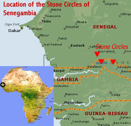 Map showing the location of the Stone Circles of Senegambia UNESCO world heritage site (at Kerbatch and Wassu in The Gambia; Wanar and Sine Ngayene in Senegal)