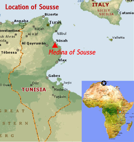 Map showing the location of Sousse UNESCO world heritage site, Tunisia