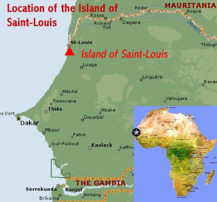 Map showing the location of the Island of Saint-Louis UNESCO world heritage site, Senegal