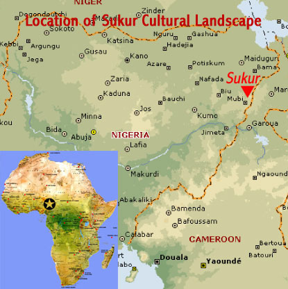 Map showing the location of Sukur Cultural Landscape UNESCO world heritage site in the Mandara Mountains near Maidaguri (Nigeria)