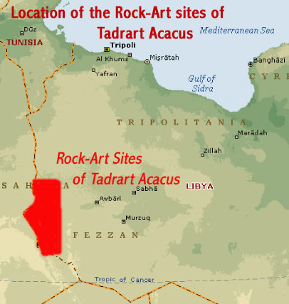 Map showing the location of the Rock-Art sites of Tadrart Acacus, a UNESCO world heritage site in the Sahara Desert (Libya)