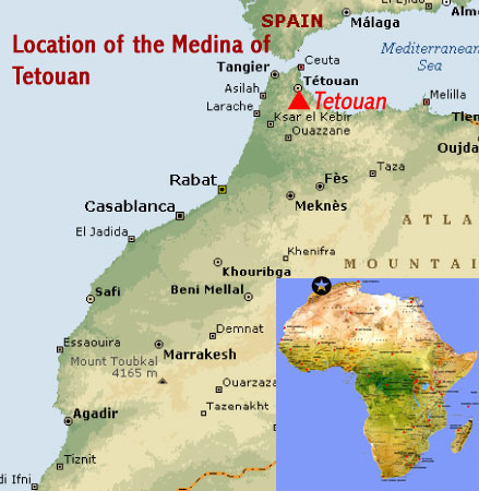 Map showing the location of the Medina of Tetouan UNESCO world heritage site, Morocco